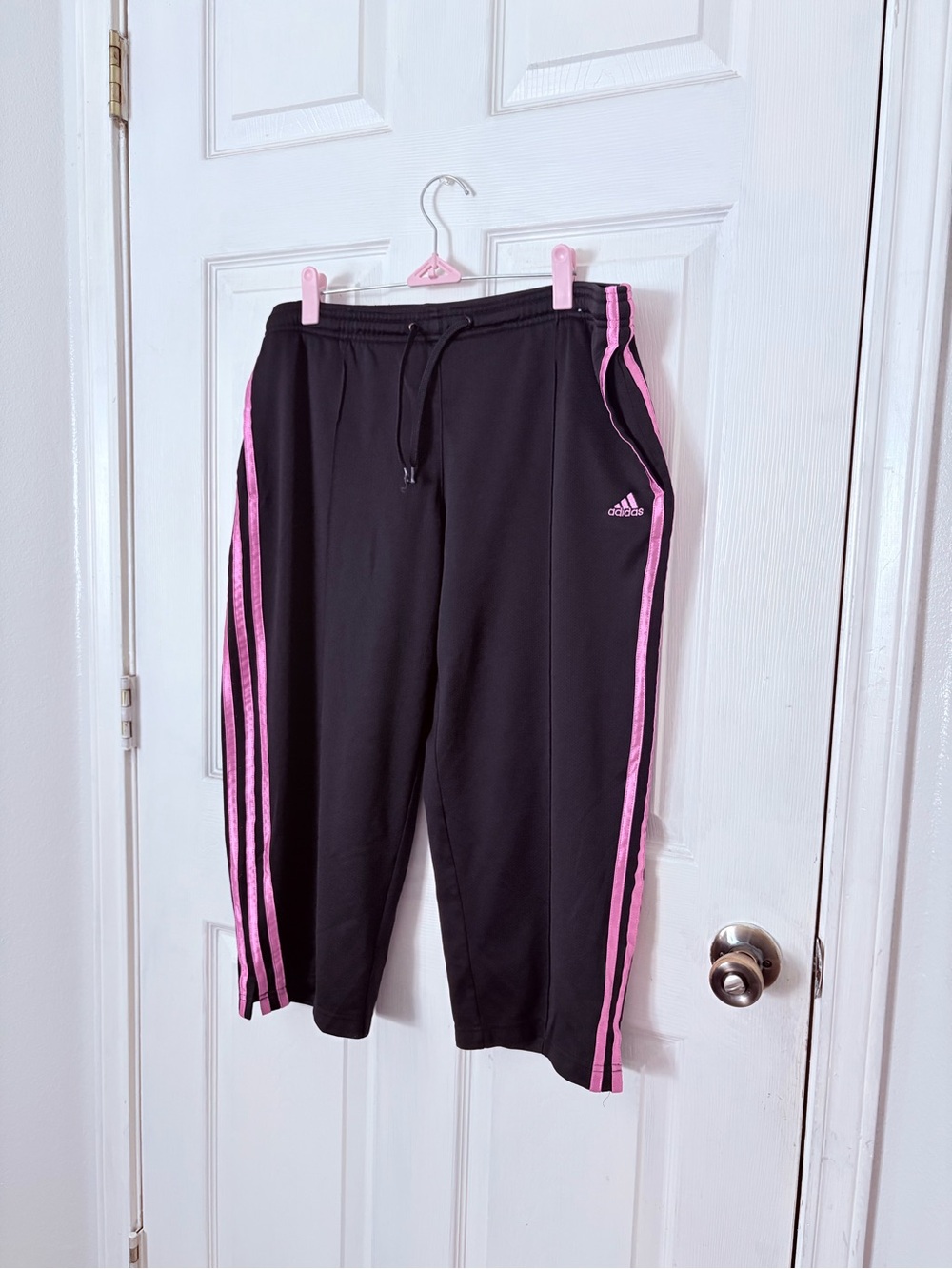 adidas Black Track Pants with Pink Stripe Accents